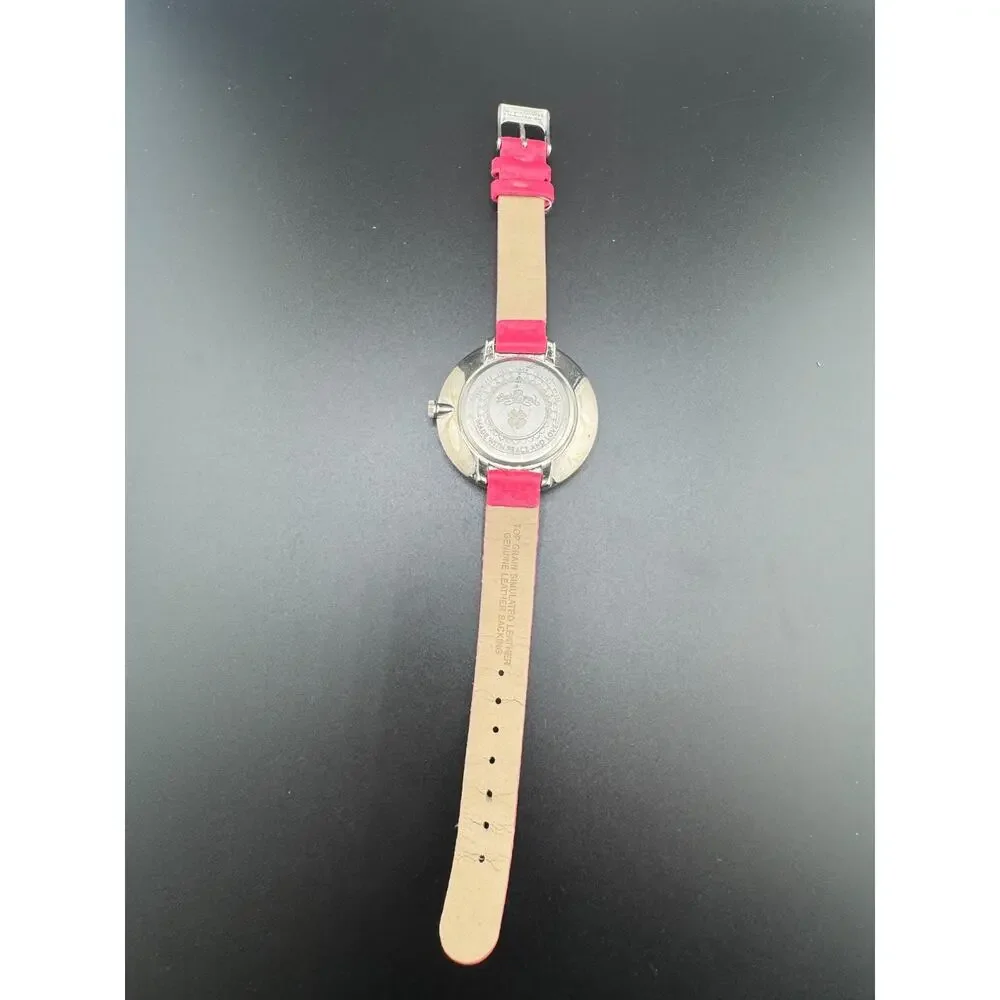NEW LUCKY BRAND SHINY SILVER TONE,PINK LEATHER BACKING BAND,HEART DIAL WATCH